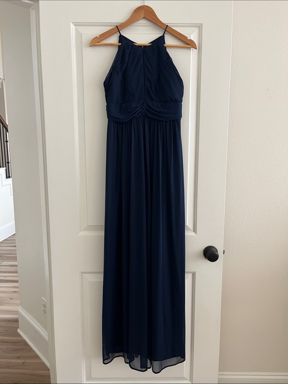 MARINA Navy Halter Maxi Dress with Pleated Bodice High Neck Elegant Homecoming